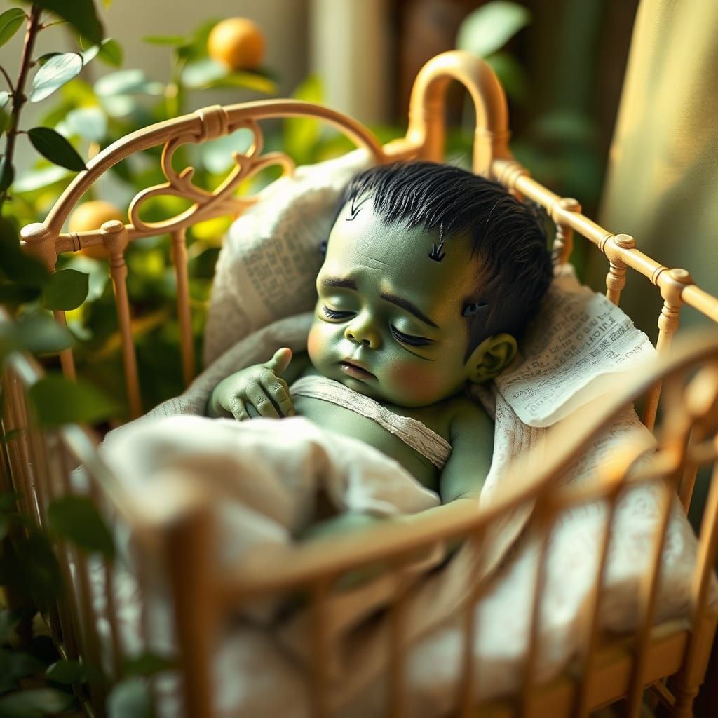 Baby Frankenstein in Whimsical Folk-Art Style