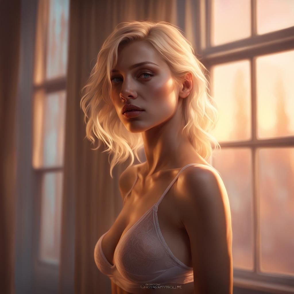 Sensual Blonde in Sheer Underwear at Dawn