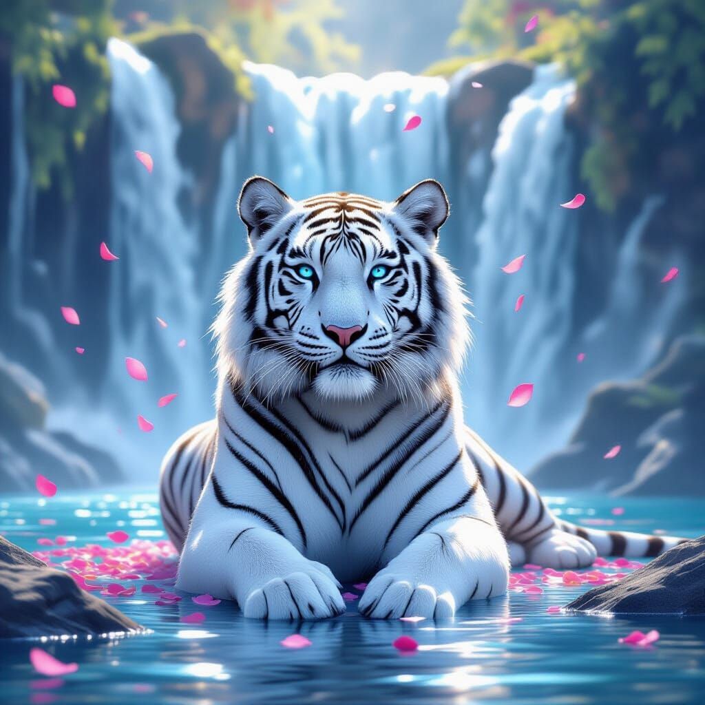 White Tiger by Waterfall in Ethereal Painterly Style