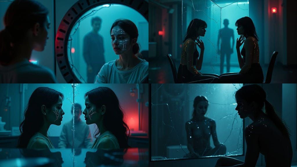 Mysterious Sci-Fi Poster: Woman's Altered Reflection