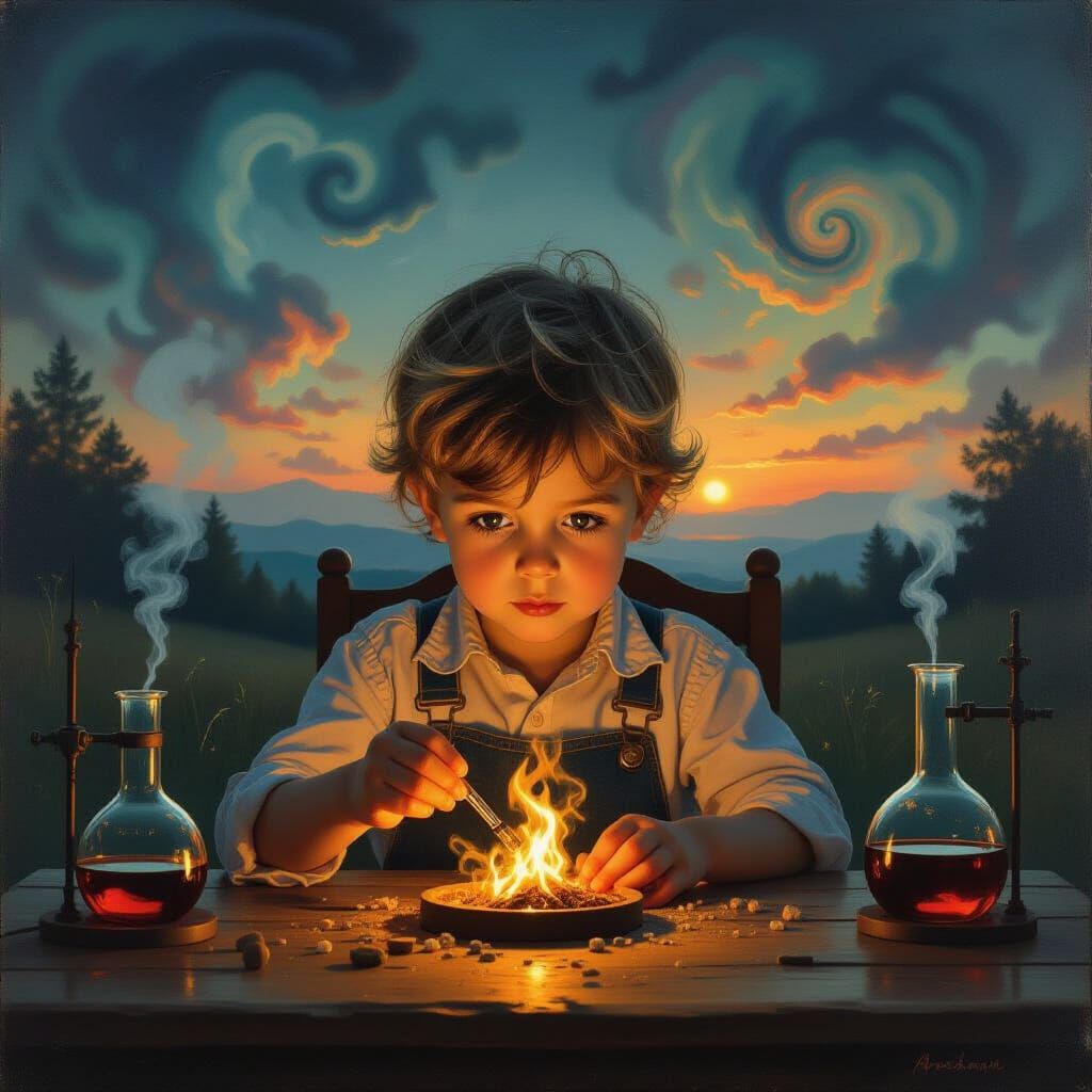 Child Mixes Smoldering Chemicals in Surreal Oil Painting Sty...