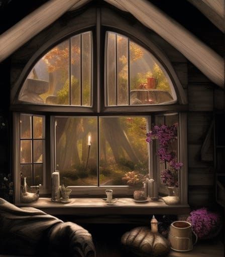 Cosy Hobbit Home with Fireplace as Oil Painting