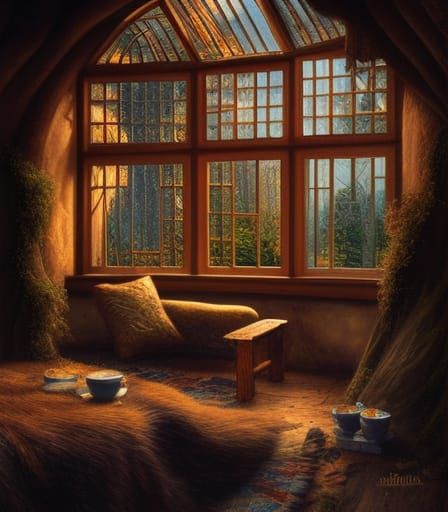 Cozy Hobbit Home with Fireplace: Hyperdetailed Oil Painting