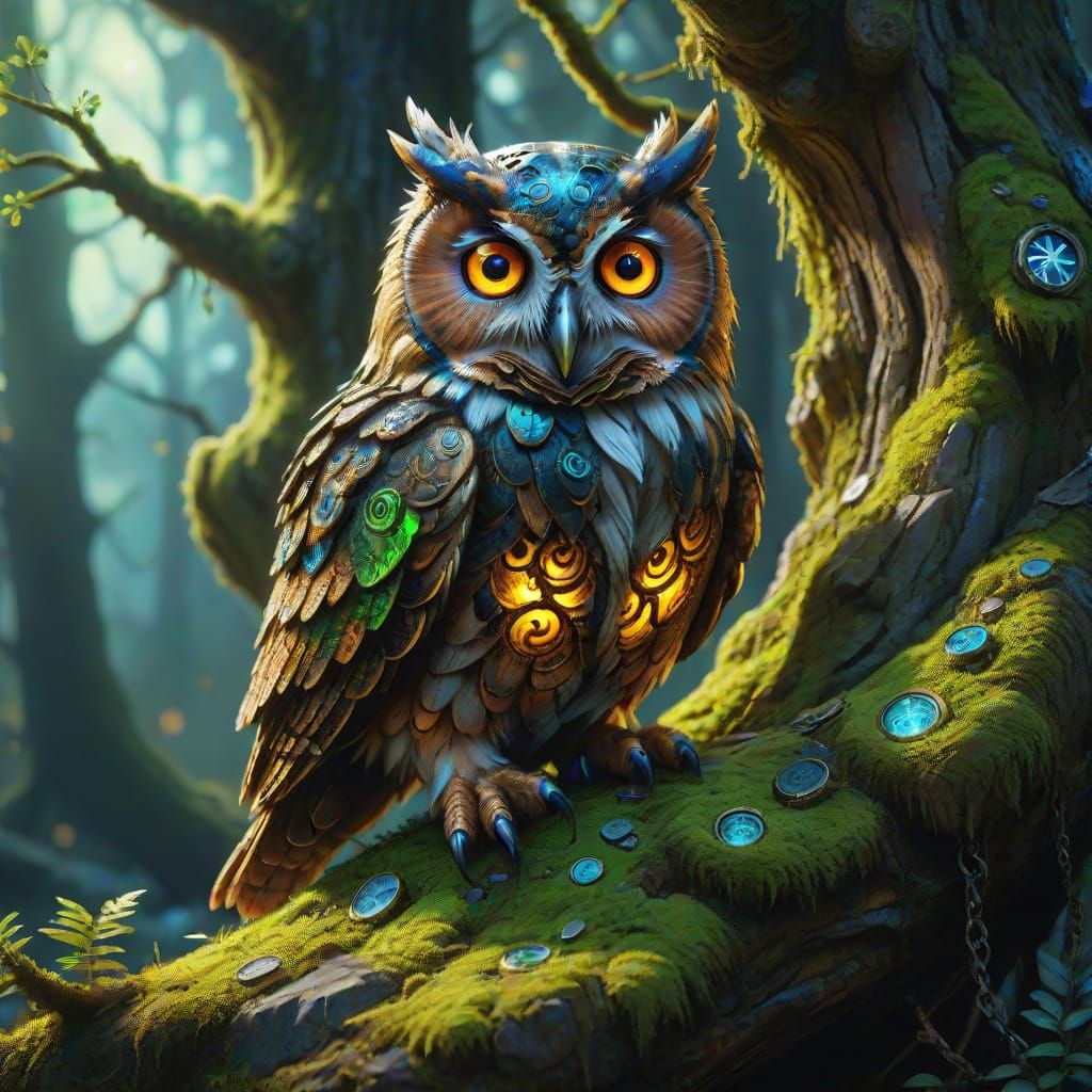 Clockwork Owl Perched on Ancient Stone: Digital Art