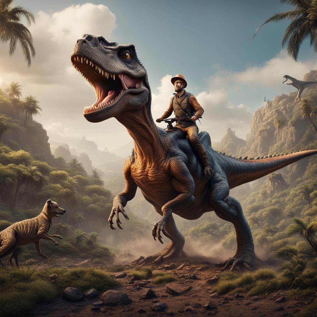 Dog Rides Dinosaur in Fantastical Landscape