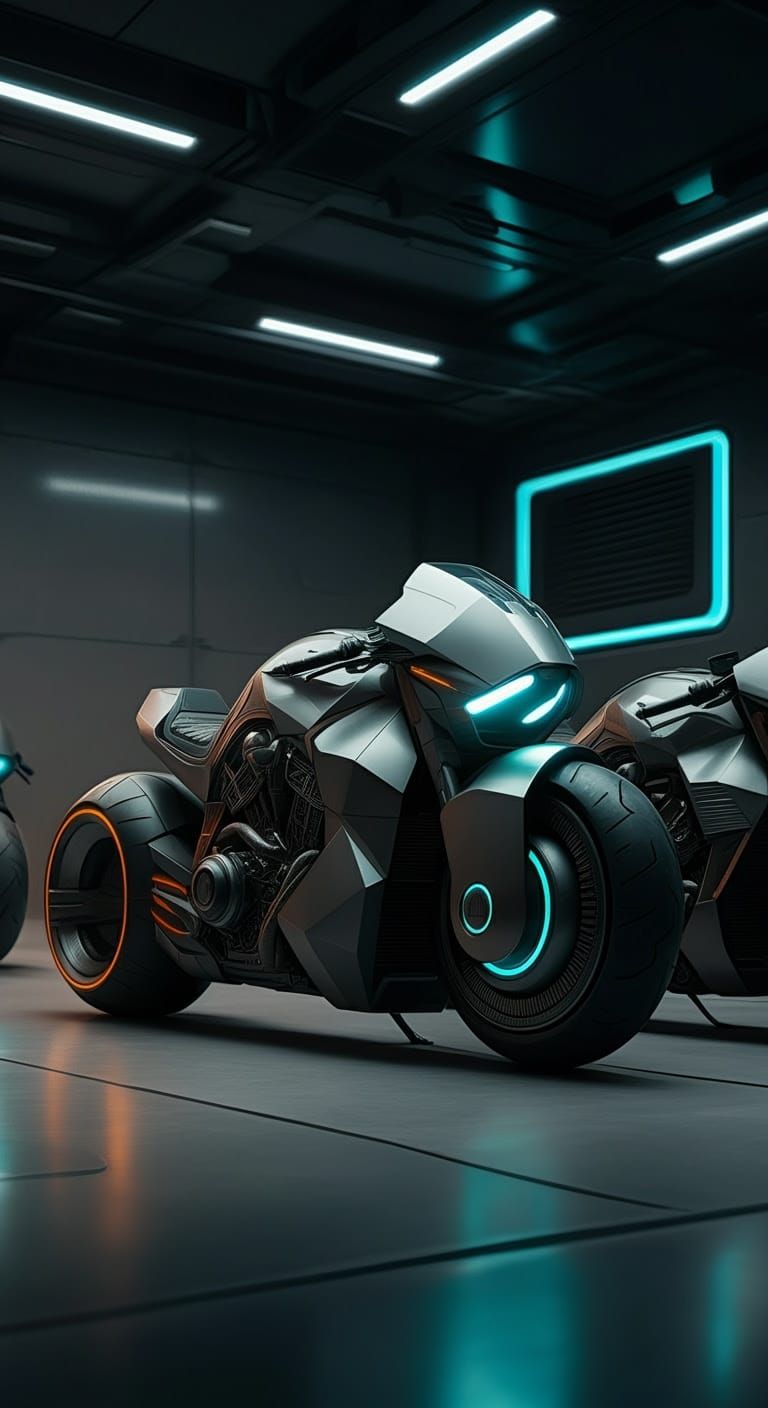 Futuristic Motorcycle Garage in Neon Hues