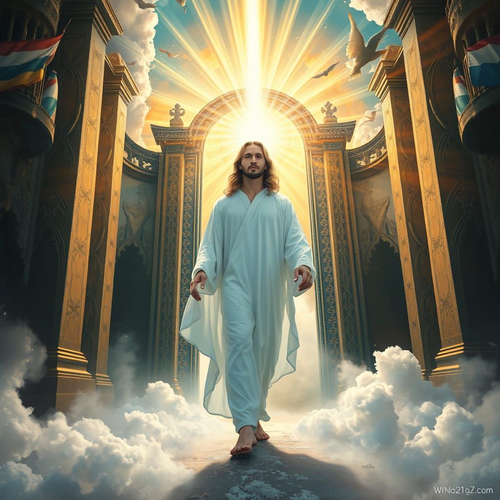 Radiant Divine Being Steps Through Heavenly Gates