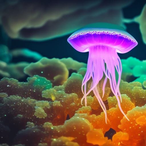 Glowing Purple Jellyfish in Crystal Aquarium Sunset