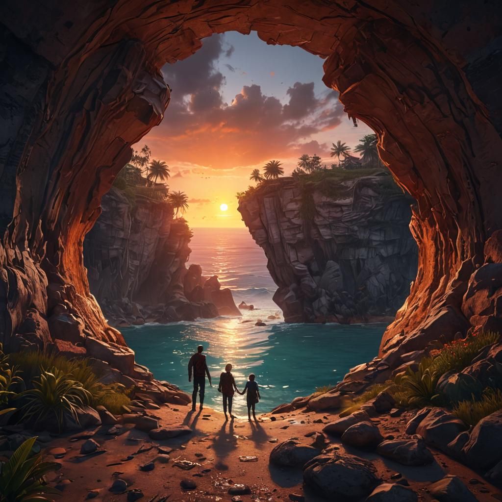 Paradise Sunset View Through Hole, Fantasy Concept Art