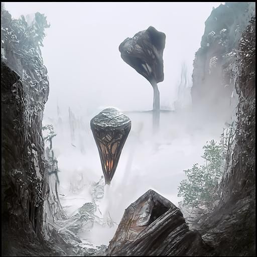 Misty Hollow with Levitating Stones: Photorealistic Dark Fan...