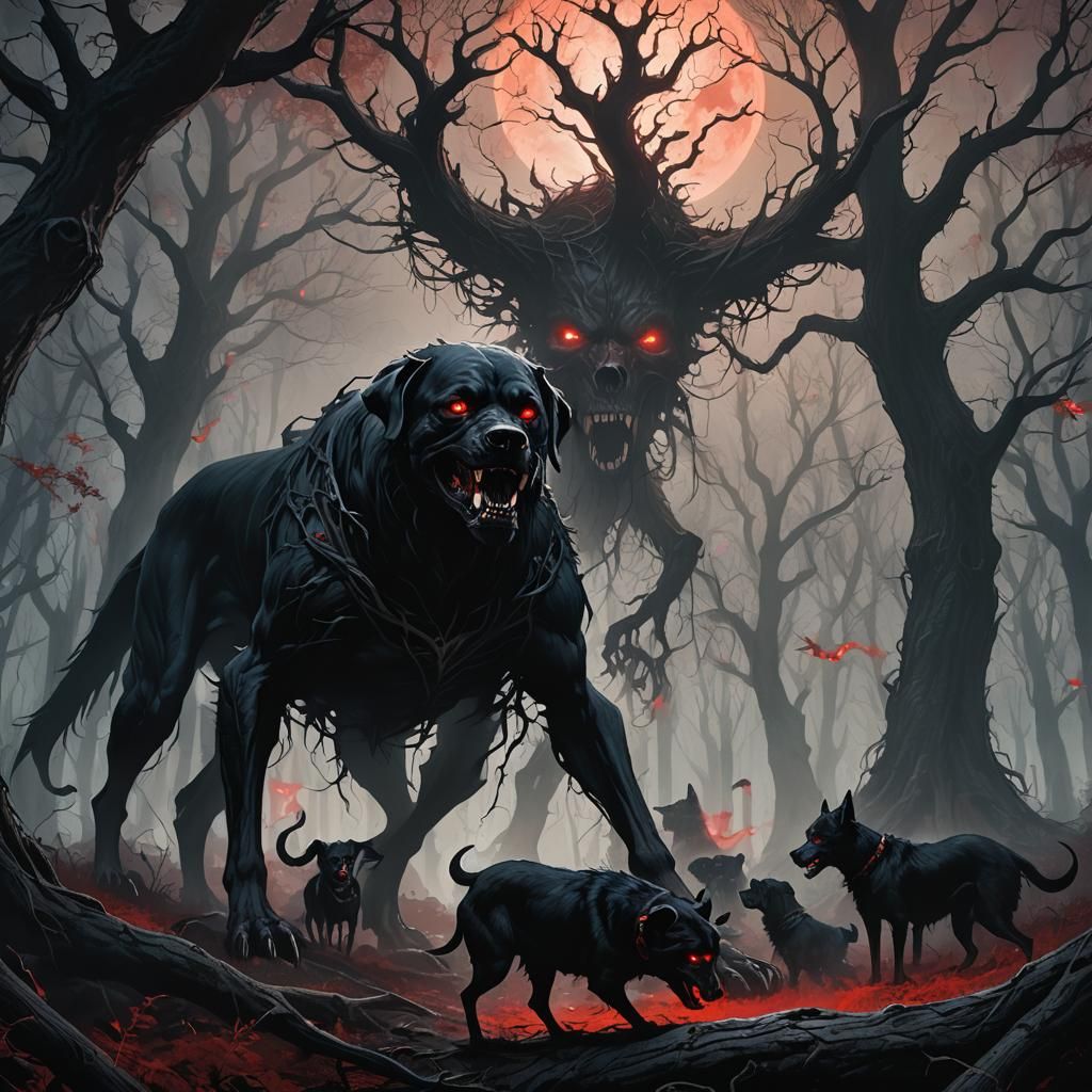 Eerie Dark Fantasy: Giant Reaper-Dog in Mystical Forest