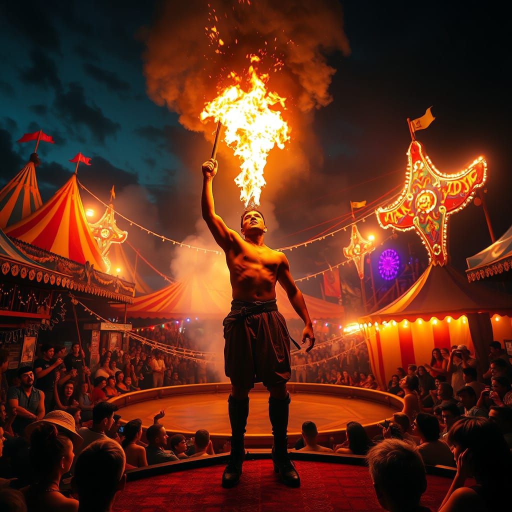 Surreal Fire-Breather Commands Circus Ring in Vibrant, Golde...