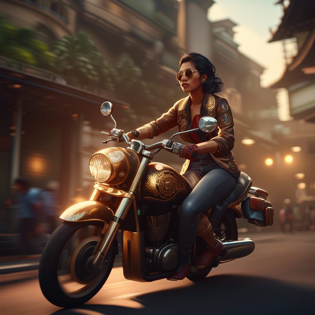 Woman Rides Motorcycle in Old Jakarta: Digital Art