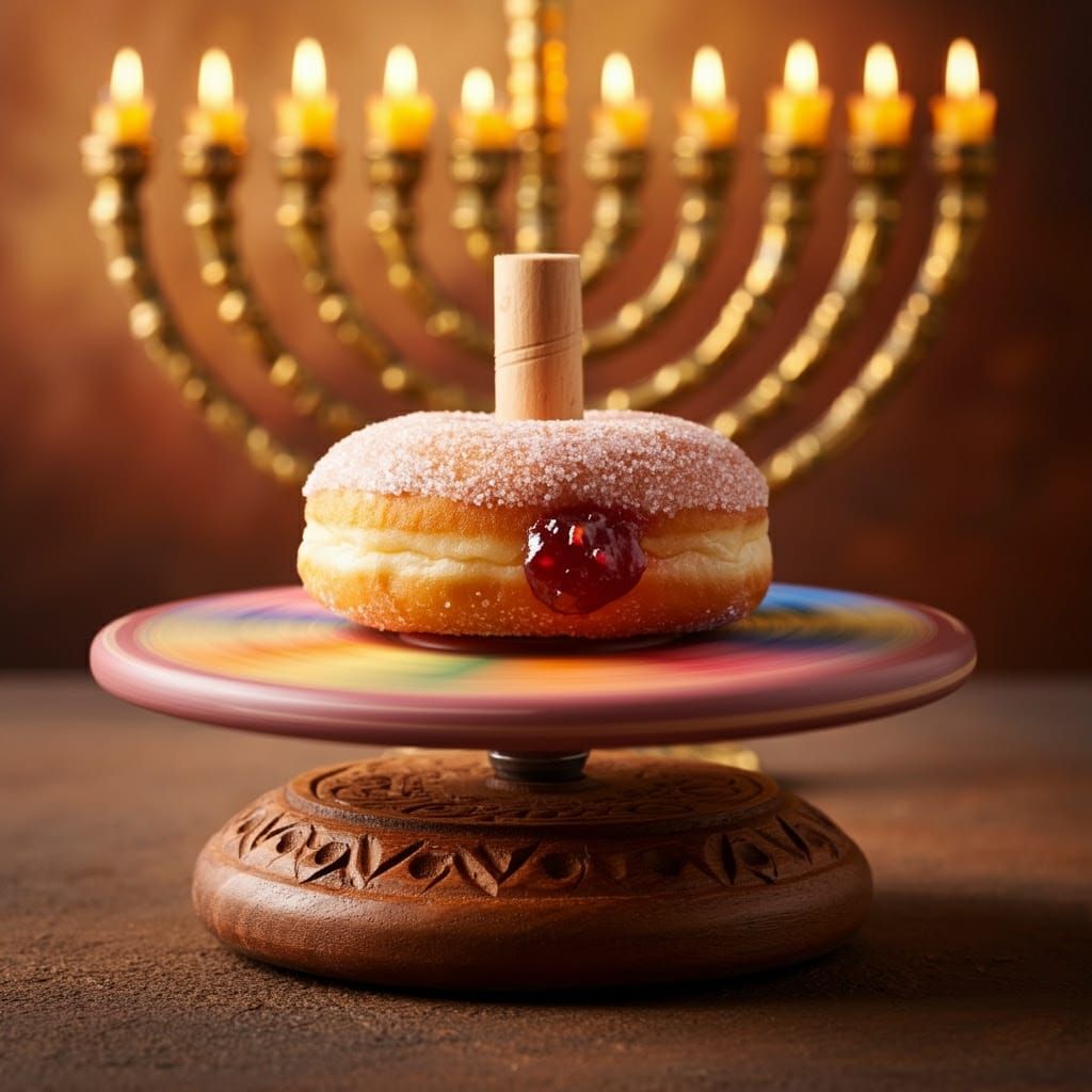 Hanukkah Dreidel Made from Sugar-Dusted Donut in Whimsical F...