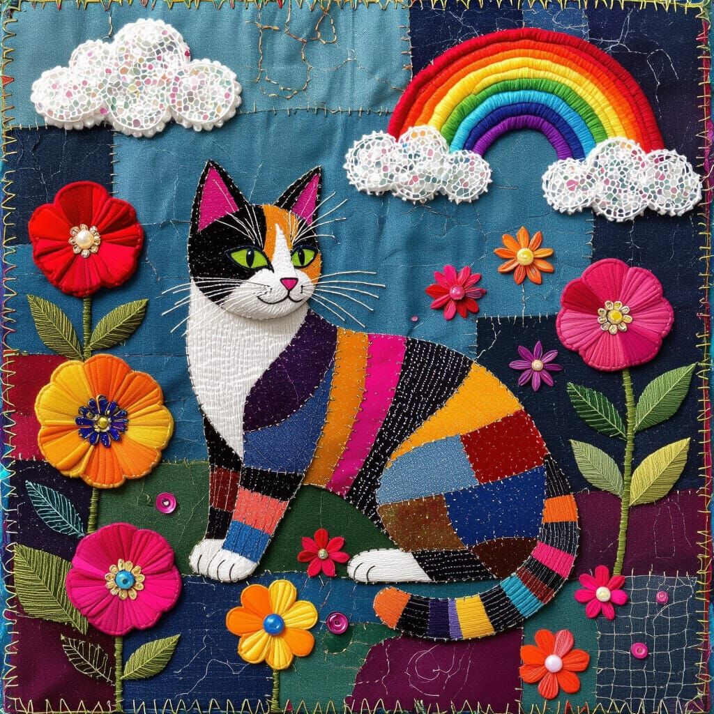 Whimsical Cat Collage of Flowers and Rainbow