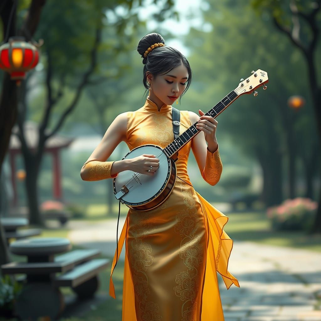 Slender Model Plays Banjo in Golden China Dress in Enchantin...