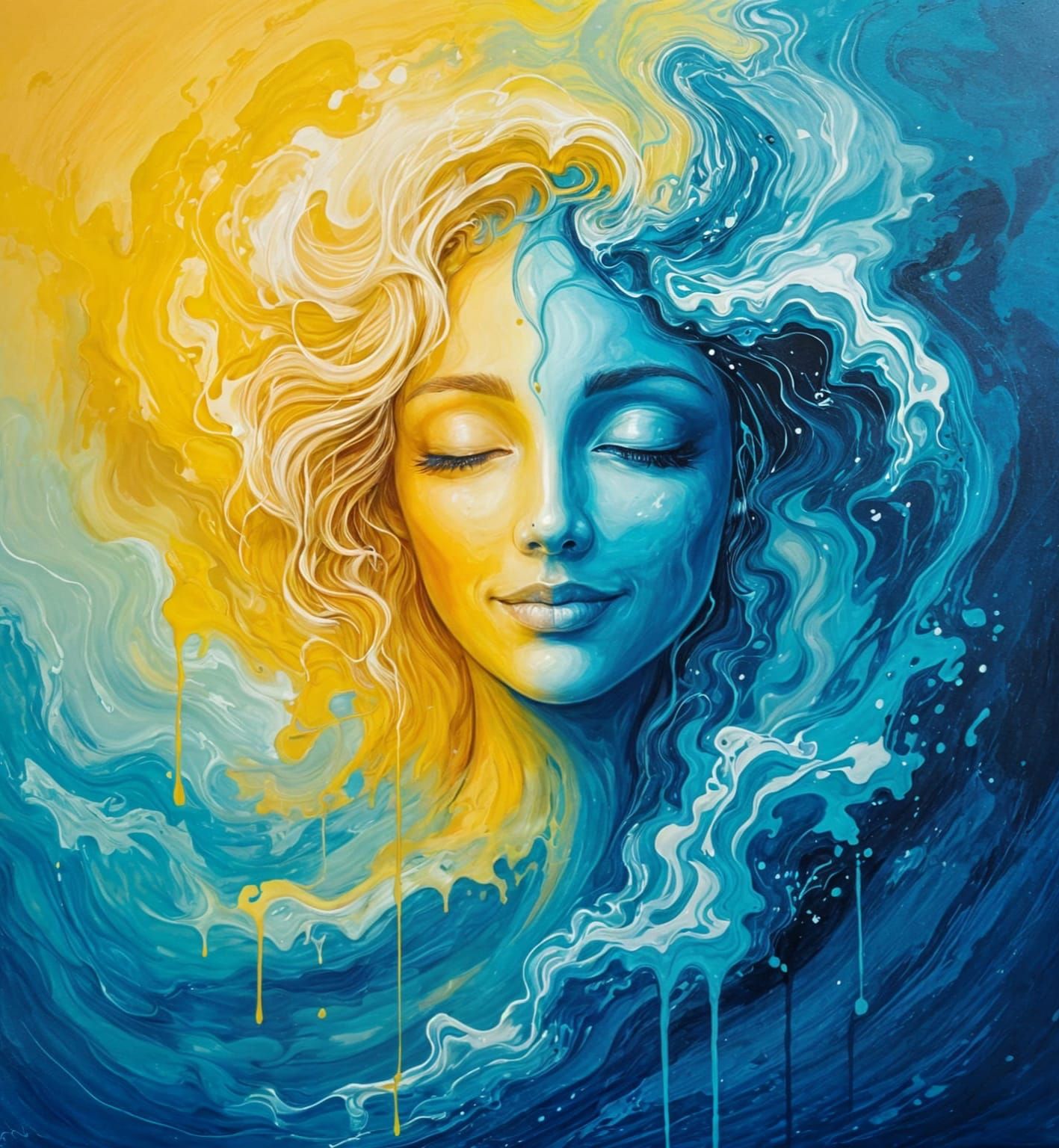 Abstract Blue Wave with Blonde Water Nymph