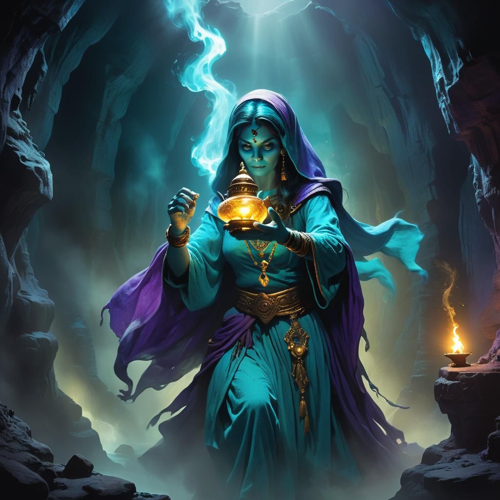 Female Genie Warlock Emerges From Magic Lamp