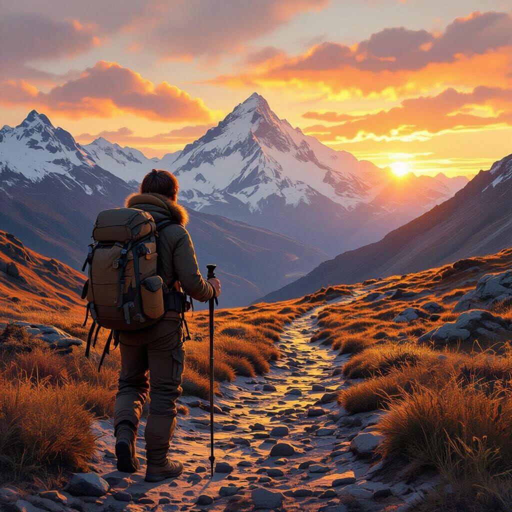 Explorer Gazing at Mountain Sunset, Atmospheric Landscape
