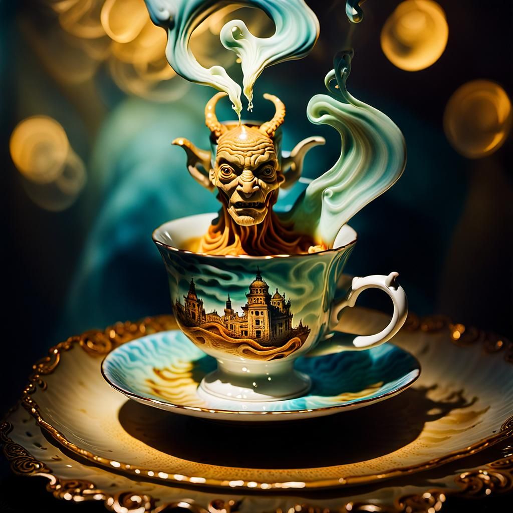 Surreal Creature Emerges from Teacup as Oil Painting