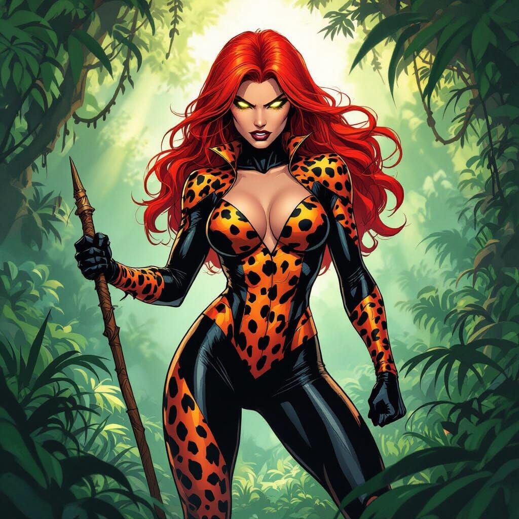 Fiery Vixen in Jungle Clearing - Comic Book Style