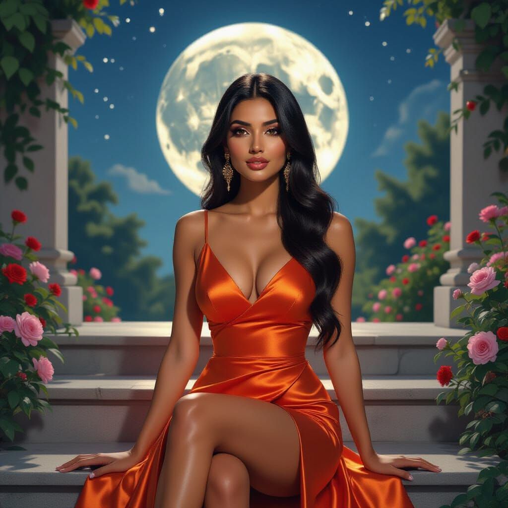 Indian Woman in a Moonlit Garden, Hyperrealistic Art