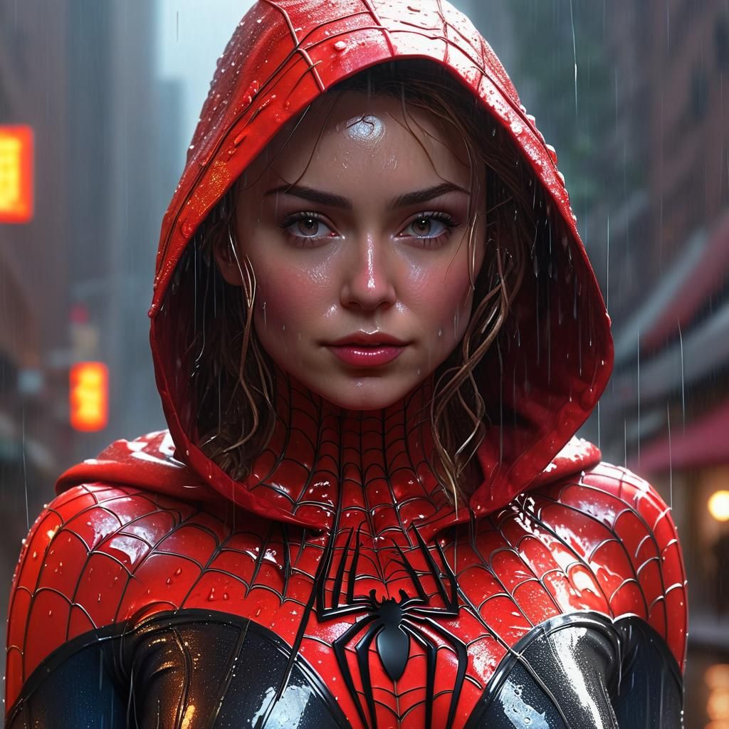 Spiderwoman in Rain, Detailed Digital Art