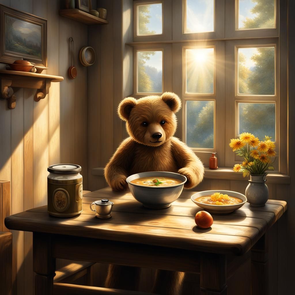 Teddy Bear's Cottage Lunch: A Painterly Fantasy Scene