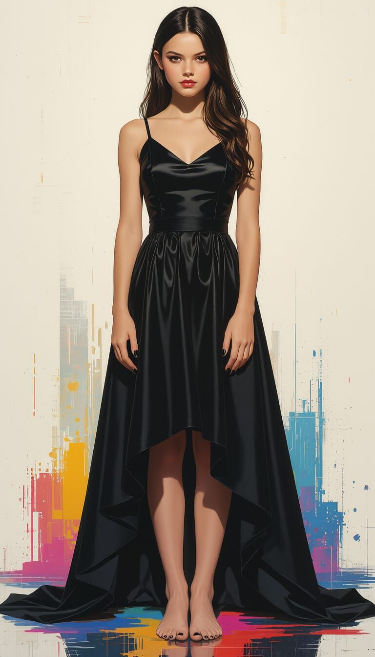 Confident Girl in Black Dress, Hyperrealistic Splash Art