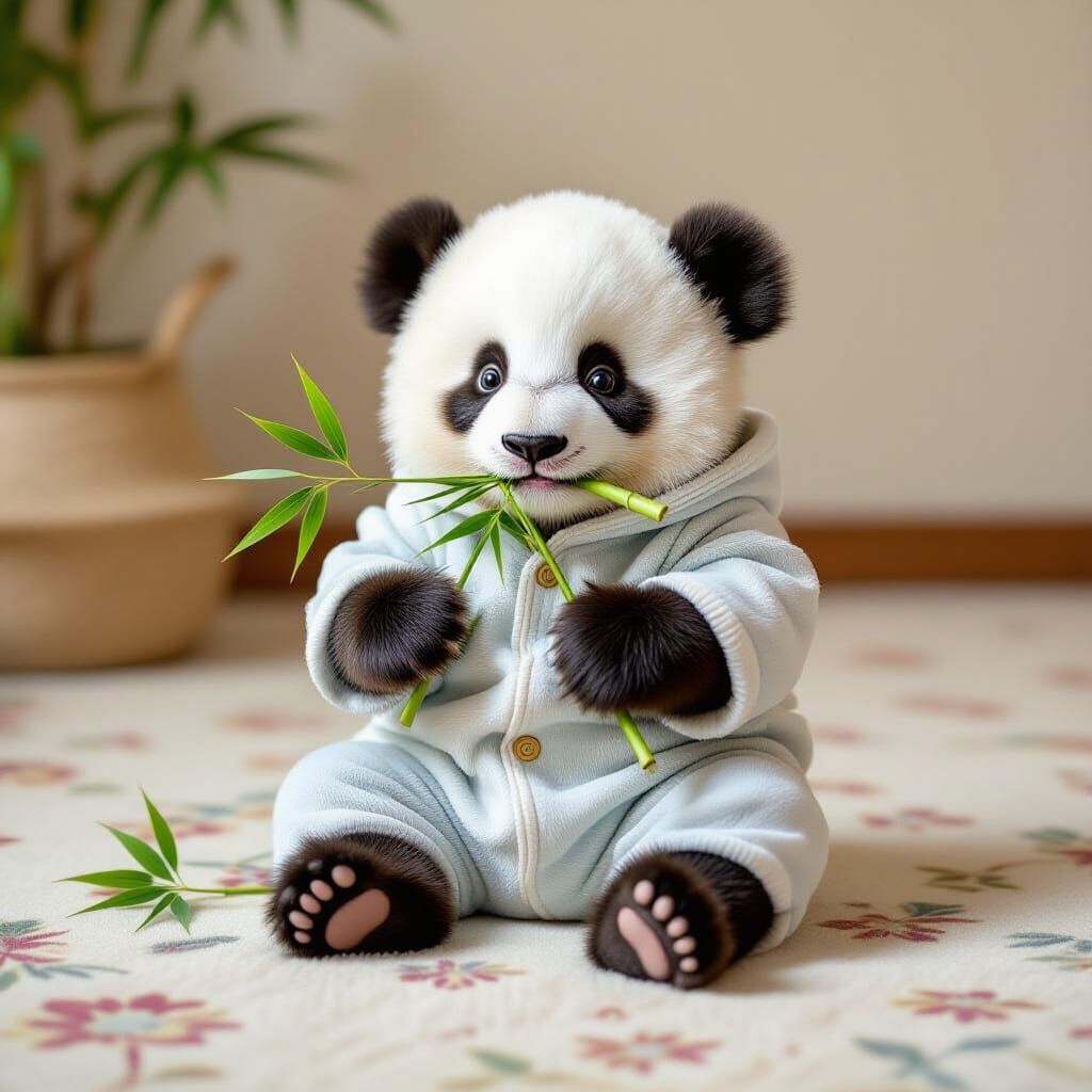 Cute Baby Panda Eating Bamboo on Plush Carpet