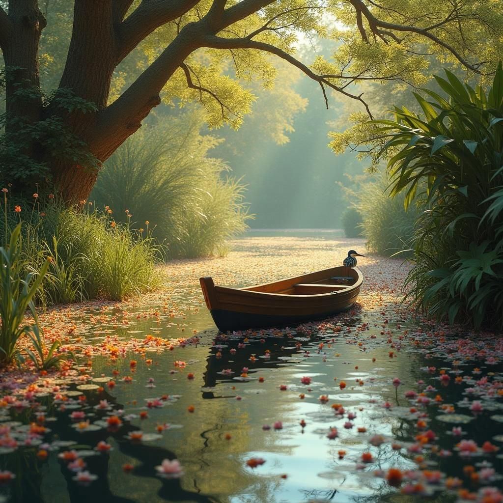 River of Petals and Lush Vegetation