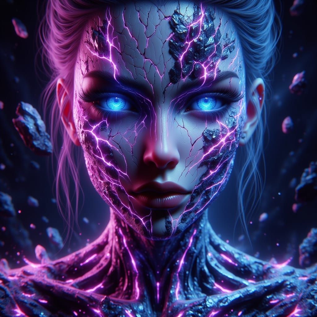 Psychedelic Dreamscape with Glowing Eyes in Cyberpunk Style