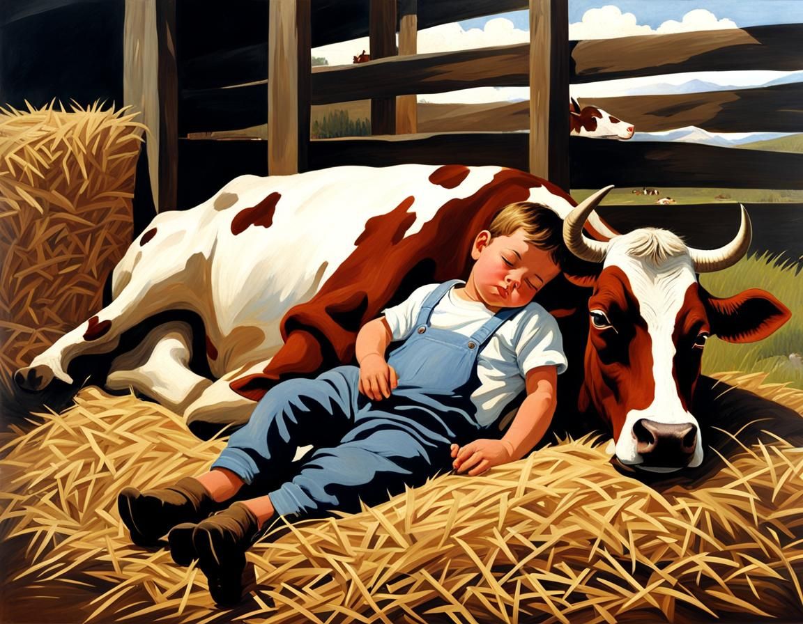 Child Sleeping Peacefully with Cow in Barn