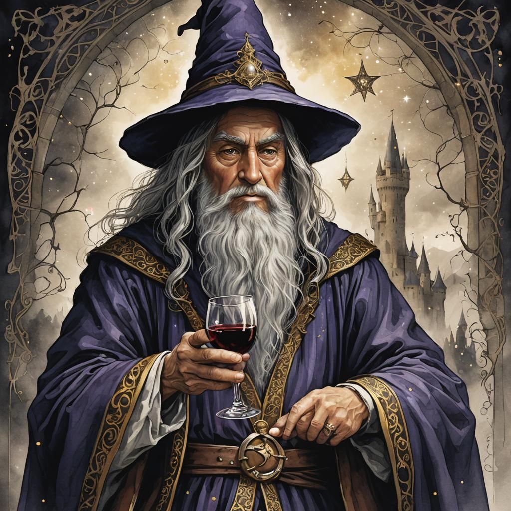 Wandering Wizard Sharing Tales and Wine