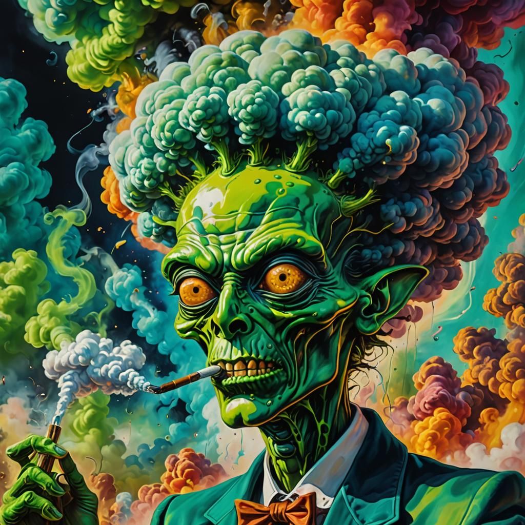 Psychedelic Alien Smoking Blunt in Electric Style