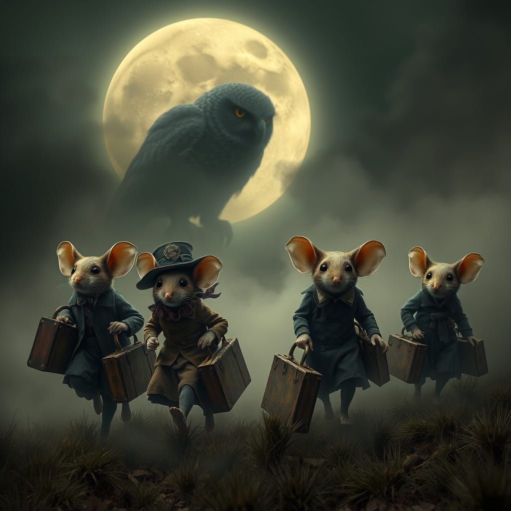 Mice Family Flees Owl in Moonlit Mist, Gothic Style