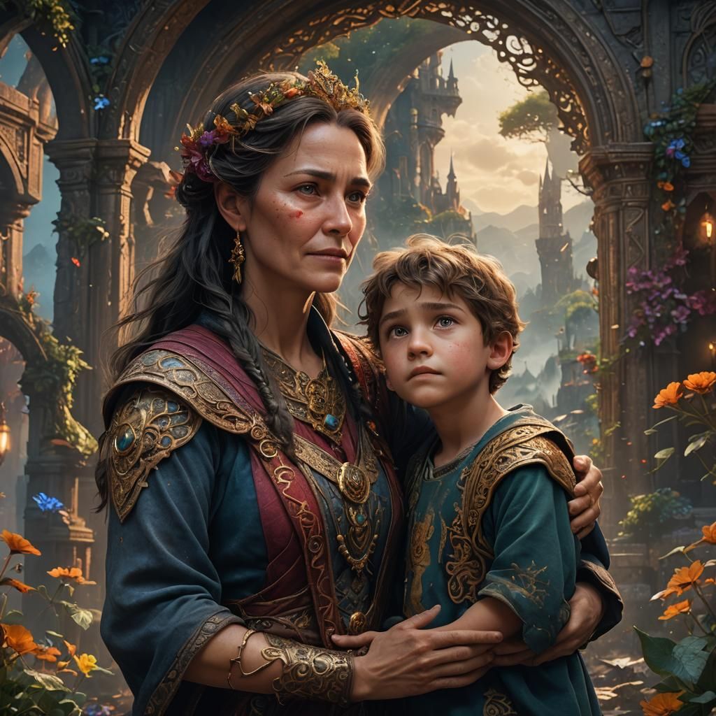 A Mother's Loving Gaze: Detailed Digital Art