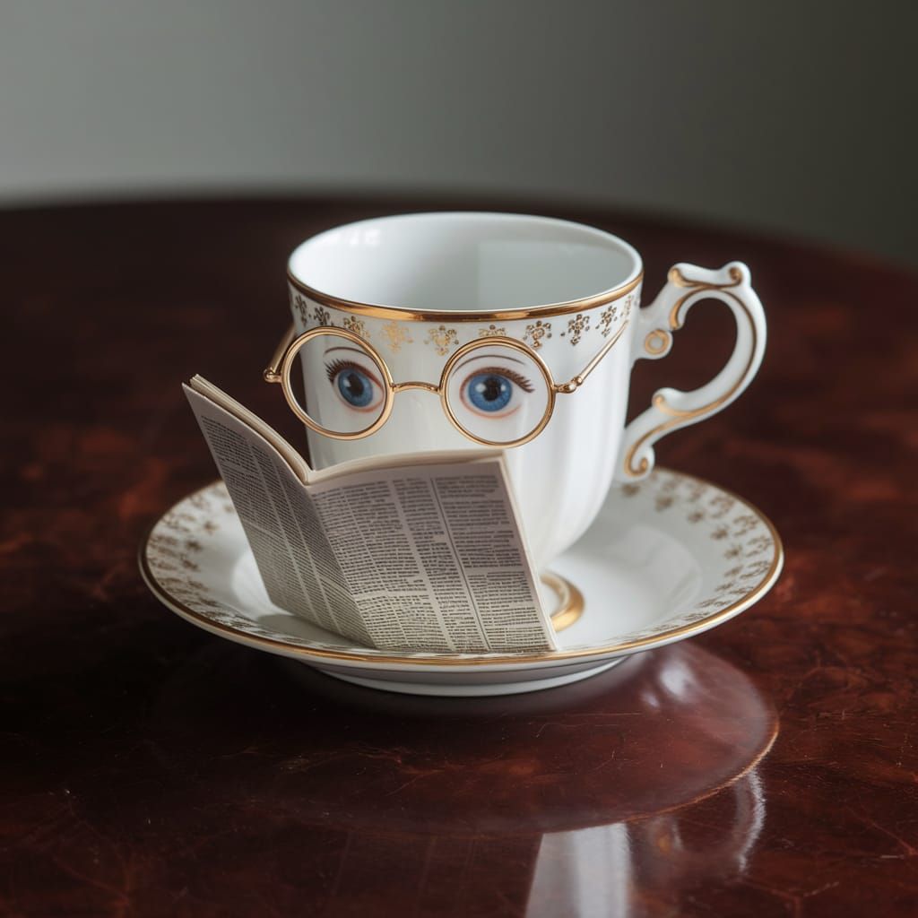 Whimsical Coffee Cup Character Reading Newspaper