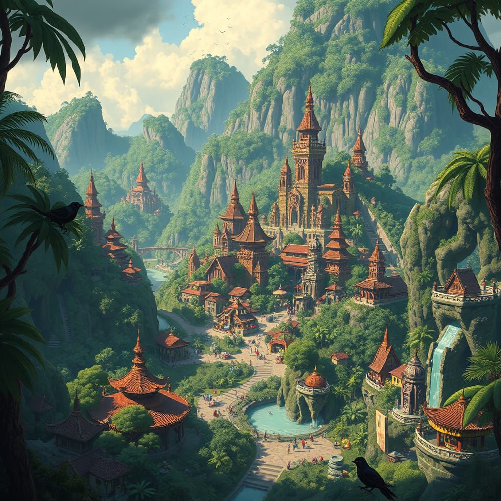 Lush Tropical Fantasy City Inspired by Simon Stalenhag