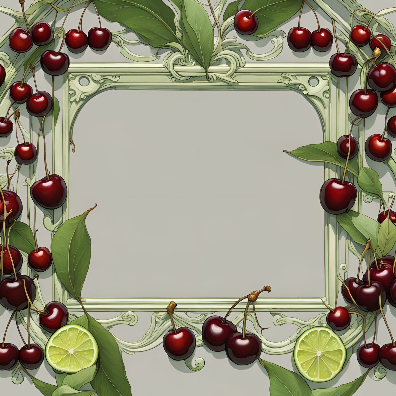 Art Nouveau-style empty frame, with cherries, leaves, and lime slices, white background