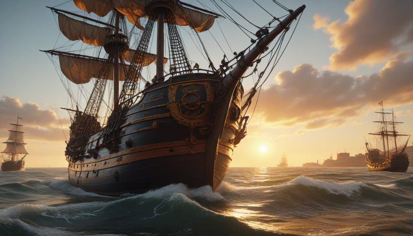 Fifteenth Century Harbor with Ships in Golden Light