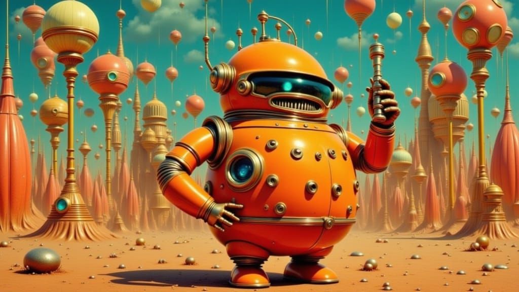 Robot Versus Mad Scientists in Vintage Futurism Style