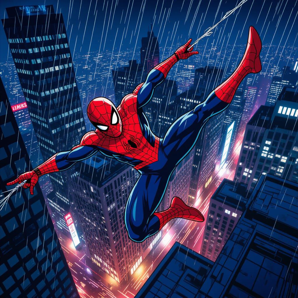 Spiderman's Dynamic Rooftop Flips in Neon City Rain