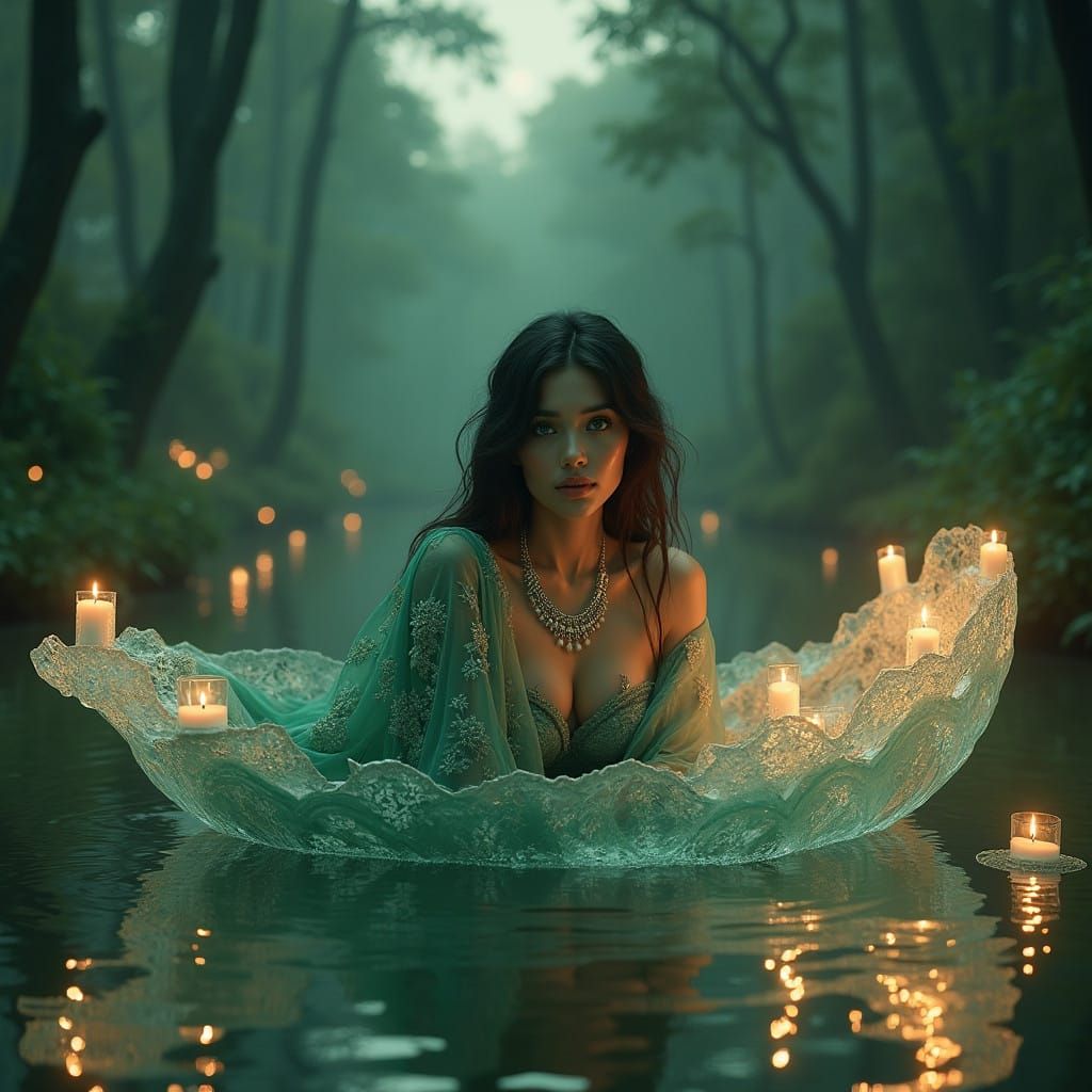 Surreal Goddess in Crystal Bed Amidst Moonlit Forest