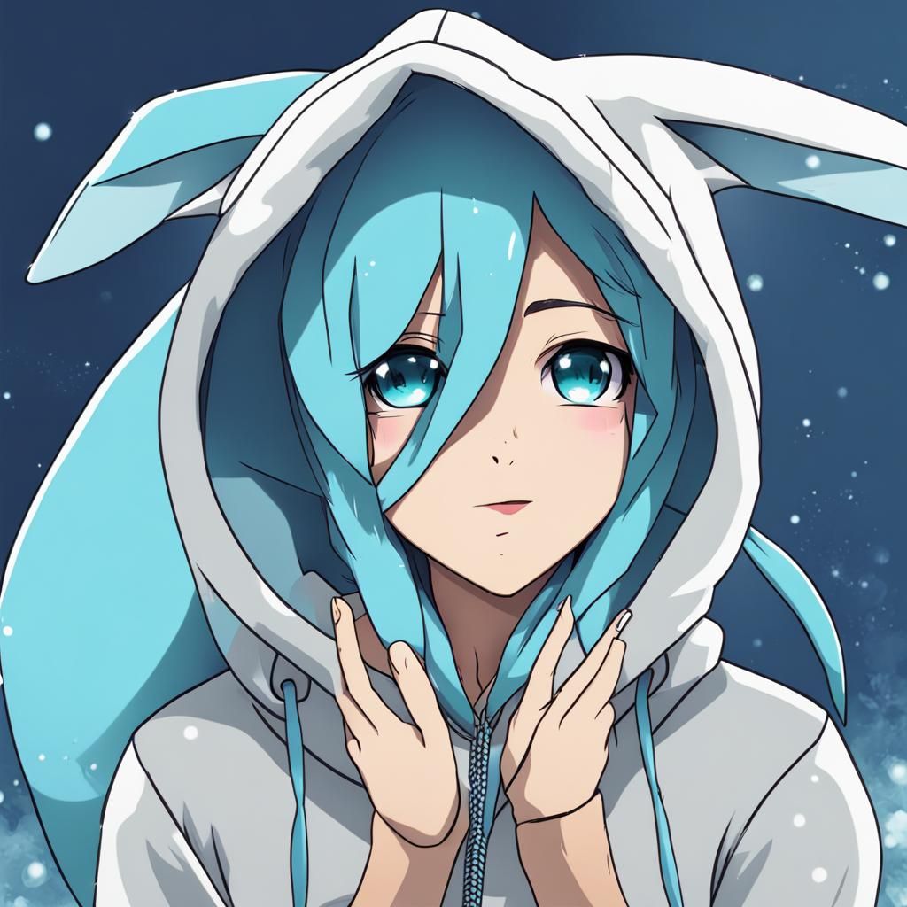Anime Girl in Glaceon Hoodie: Digital Art