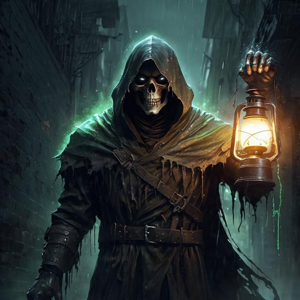 Eerie Ghost Reaper with Lantern in Dark Alley