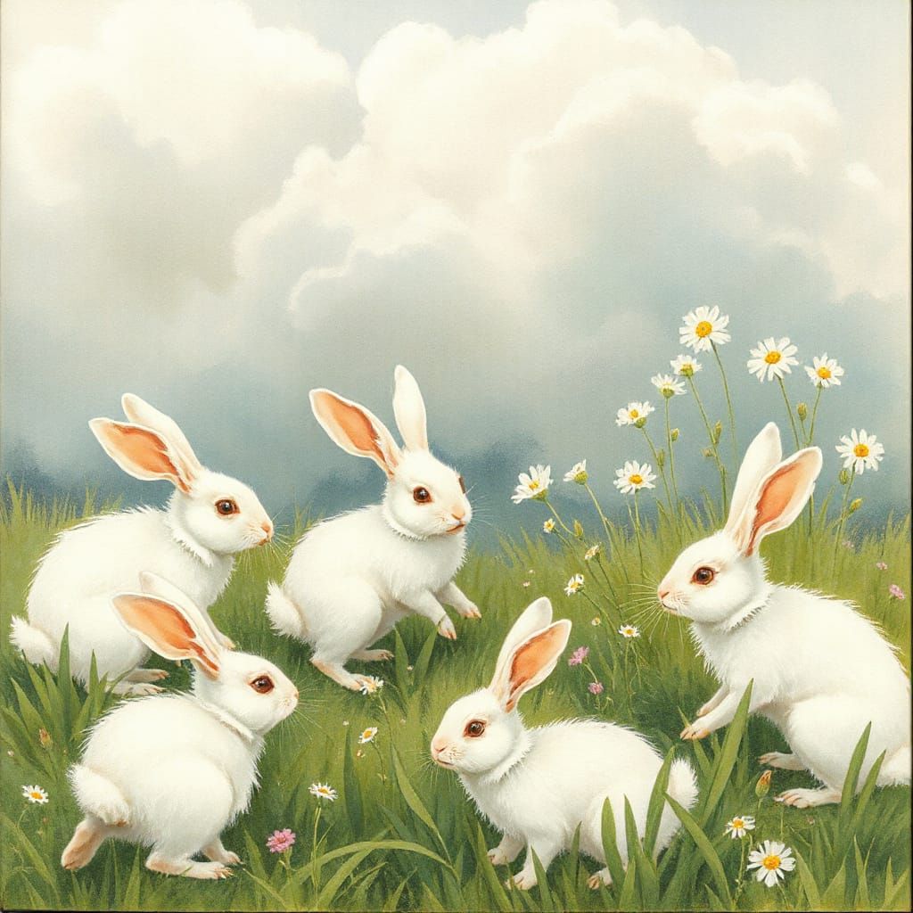 Whimsical White Rabbits in a Dreamy Meadow