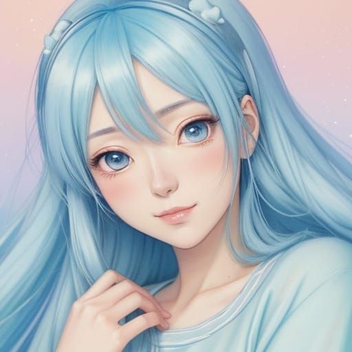 Pastel Anime Girl in Pajamas with Blue Hair