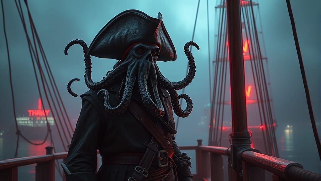 Cyberpunk Pirate with Octopus Head on Deck