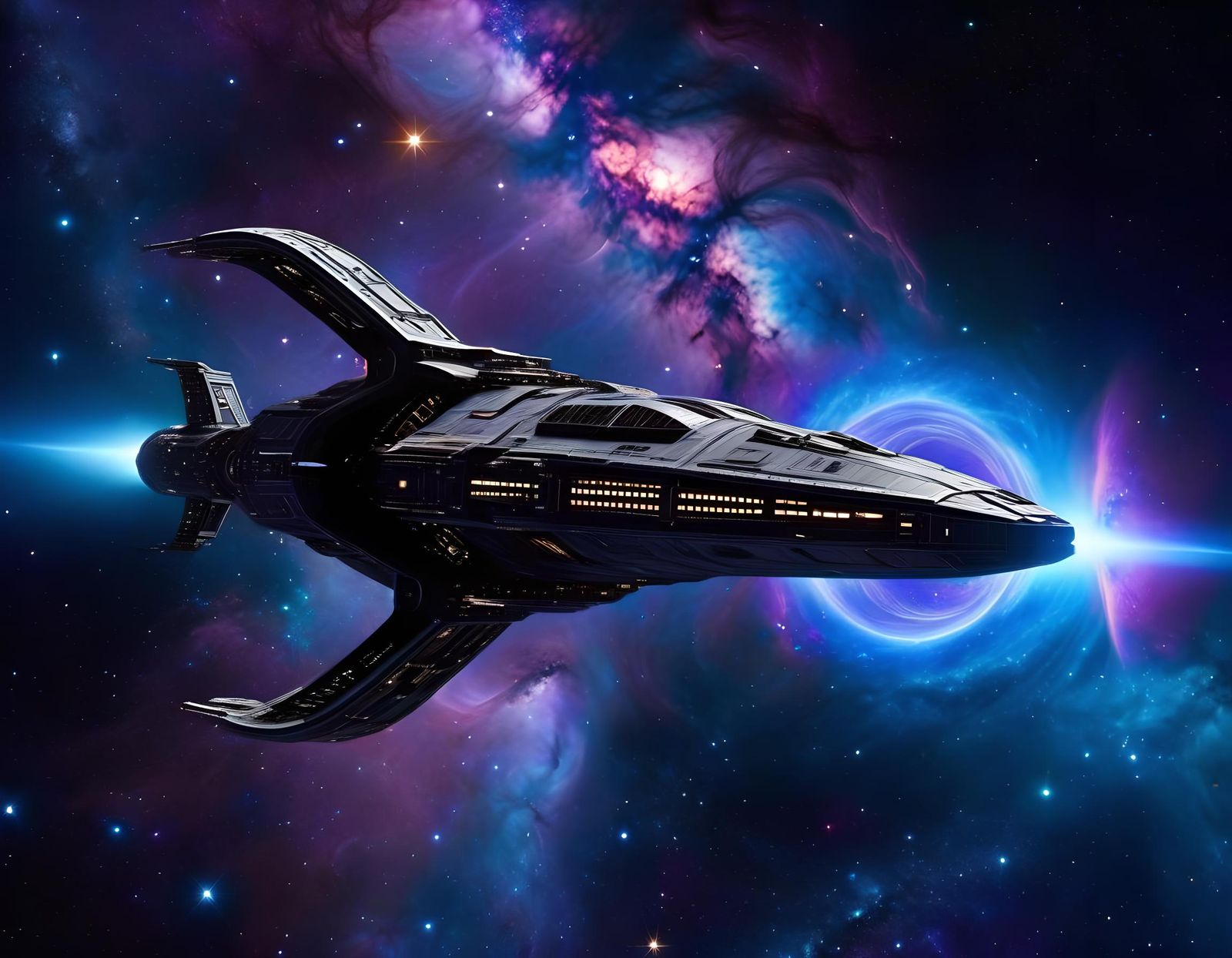 Futuristic Spaceship Flying Through a Smoky Nebula